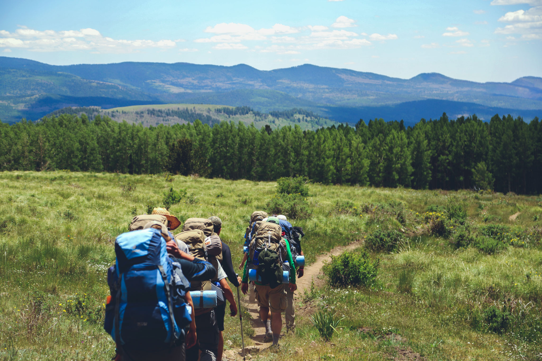 group of hikers walking on the path karkonosze mountains